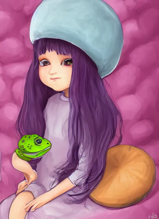 Image similar to a beautiful little girl wearing a mushroom hat sitting in her room petting a frog in her lap | | purple hair, pretty face, sharped details, in yo - jo life art style, trending on pixiv