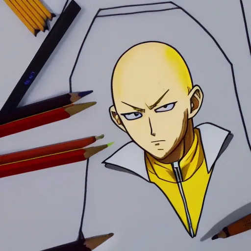 Image similar to schematic drawing of Saitama with pencils and triangle ruler lying next to the drawing