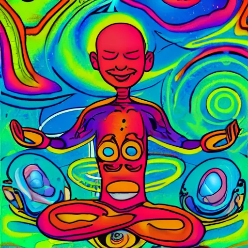 Prompt: a psychedelic hippy alien smiling and meditating, floating in space, in the style of ben ridgeway