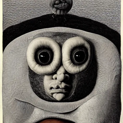 Image similar to portrait photo of a wool sock with giant eyes, face made from unfulfilled dreams, extremely high details, realistic, by Giuseppe Arcimboldo, Rene Margitte, MC Escher
