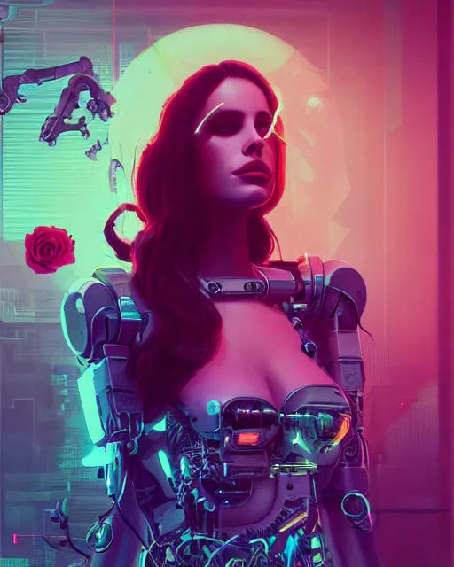 Image similar to portrait of lana del rey as a cyberpunk cyborg. sci - fi intricate abstract upper body intricate artwork, roses, rose petals by tooth wu, wlop, beeple, dan mumford. concept art, octane render, trending on artstation, greg rutkowski, asymmetrical, cinematic arthouse, key art, hyper realism, iridescent accents