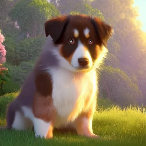 Prompt: a wholesome animation key shot of an australian shepherd puppy, studio ghibli, pixar and disney animation, sharp, rendered in unreal engine 5, anime key art by greg rutkowski, bloom, dramatic lighting