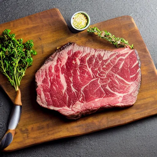 Prompt: promotional photo steak on plate left of shot butchers block and slate background, thyme herbs on table