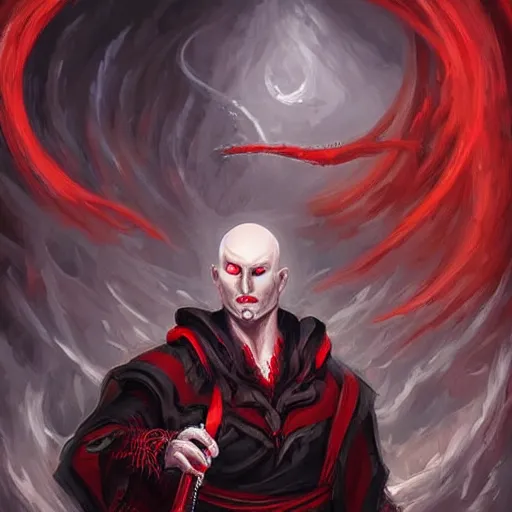 Image similar to d & d painting portrait necromancer man with bald head, red eyes, pallid skin, long flowing black and red robes. in style of tony sart