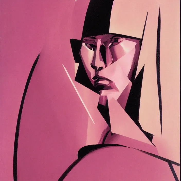 Image similar to abstract portrait of a knight in pink, geometric, anime style, caravaggio, syd mead