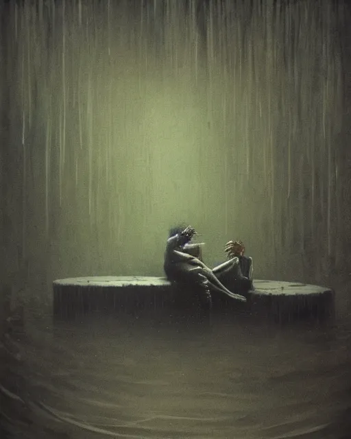 Prompt: dark fleshy figure seated next to another dark angry figure laughing in alone inside an empty dark flooded ballroom overgrown with aquatic plants in the style of Greg Rutkowski and Francis Bacon, Beksinski painting, masterpiece, artstation