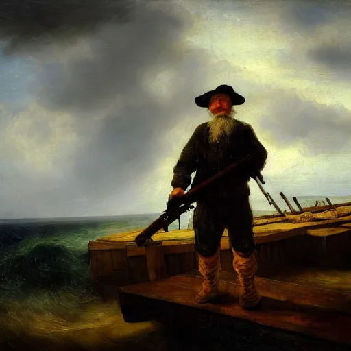 Prompt: old fisherman holding a machine gun standing on a broken wooden dock in halifax, tumultuous sea, moody sky as painted by rembrandt