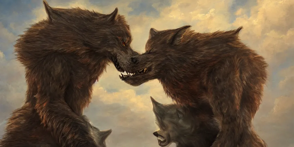 Image similar to oil painting of a werewolf kissing another werewolf, detailed, 4k, fantasy