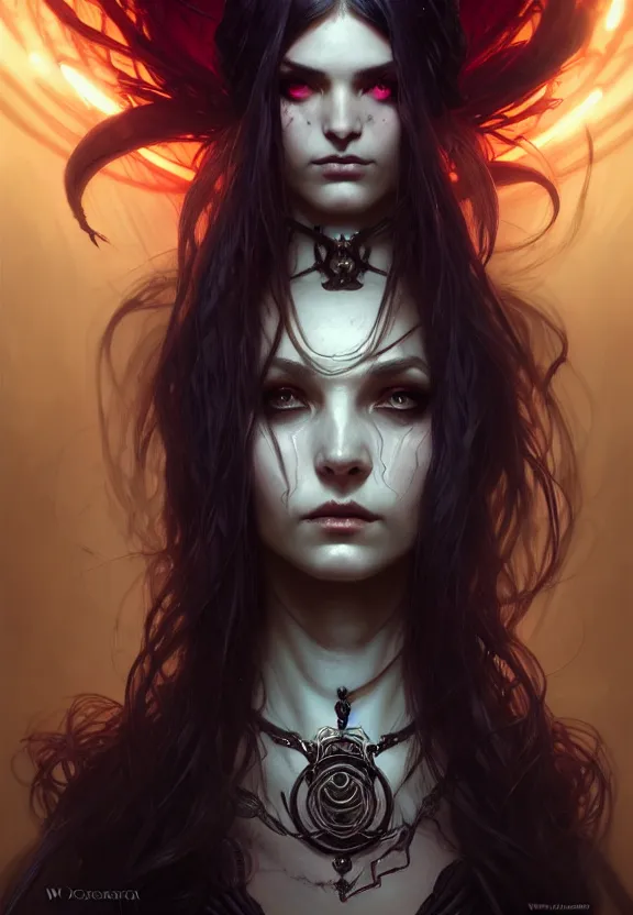 Image similar to Necromancer Sorceress in center, fantasy magic, undercut hairstyle, dark light night, intricate, elegant, sharp focus, illustration, highly detailed, digital painting, concept art, matte, art by WLOP and Artgerm and Greg Rutkowski and Alphonse Mucha, masterpiece