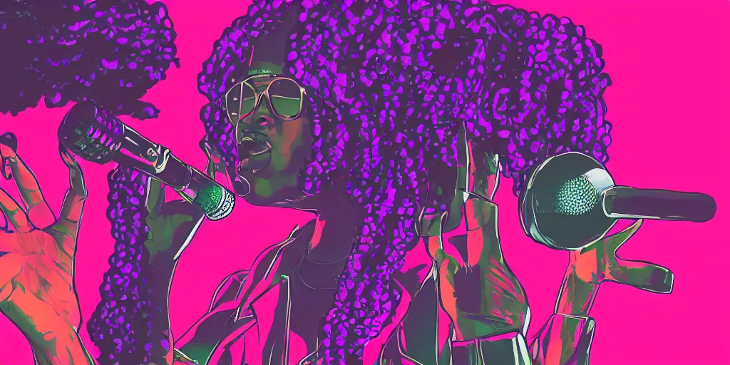 Image similar to black female rapper holds microphone straight out, digital art, vapor wave, hip hop, psychedelic, surreal, trending on Artstation, professional artist, detailed, 4k