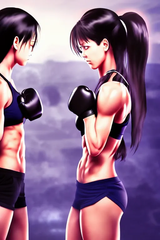 Prompt: two beautiful identical female fighters facing each other in the gym, dimly lit lighting, gorgeous features, high resolution, detailed digital anime art