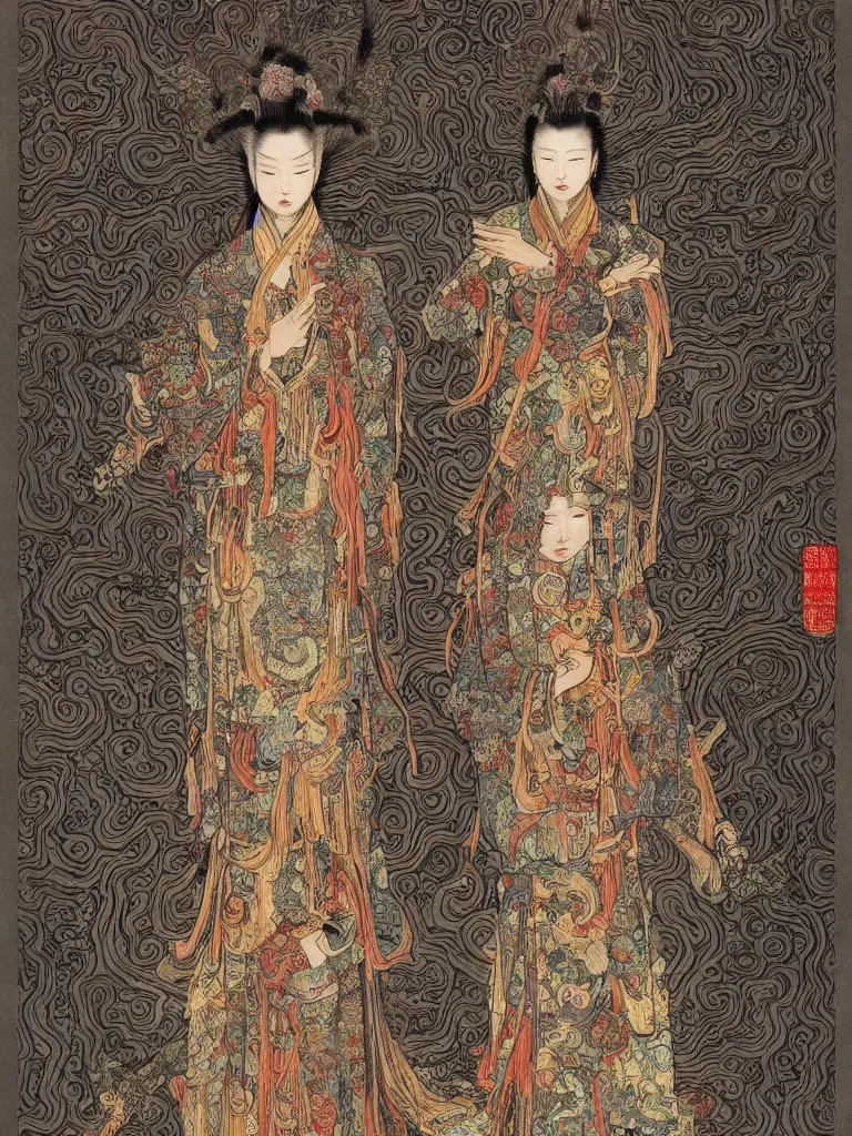 Prompt: ancient chinese zombies with luxuriant full - body official clothes of the qing dynasty, a incredible symmetrical concept design, psychedelic, highly detailed upper body, by mucha, hr giger, zdzislaw