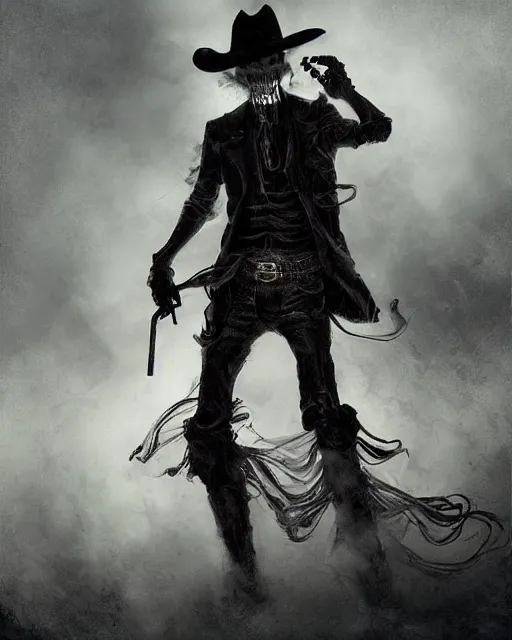 Prompt: ghostly tall skeletal cowboy in black outfit with smoking guns, wreathed in dark smoke dancing, scenic full shot, ambient lighting, detailed face, by rembrandt, stanley artgerm lau, wlop, rossdraws