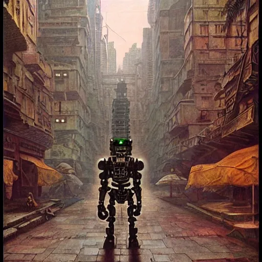 Prompt: mayan cyberpunk robot golem striding through streets of city, perfectly clear face, shadow of the colossus screenshot by j. c. leyendecker, simon stalenhag, studio ghibli, and beksinski