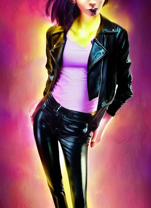 Image similar to a photo of 8 k ultra realistic a black haired female in high heels and a black leather jacket, pink, purple, green, yelow, red, blue neon, art by lise deharme