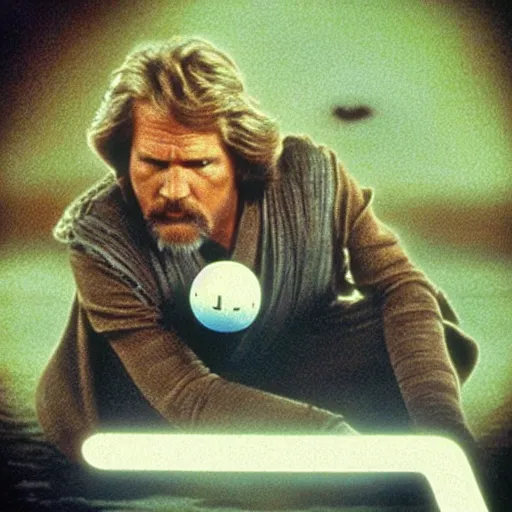 Prompt: “a Star Wars A New Hope movie shot, Jeff Bridges from The Big Lebowski as a Jedi levitating a bowling ball above a swamp on Dagobah” —W 1080