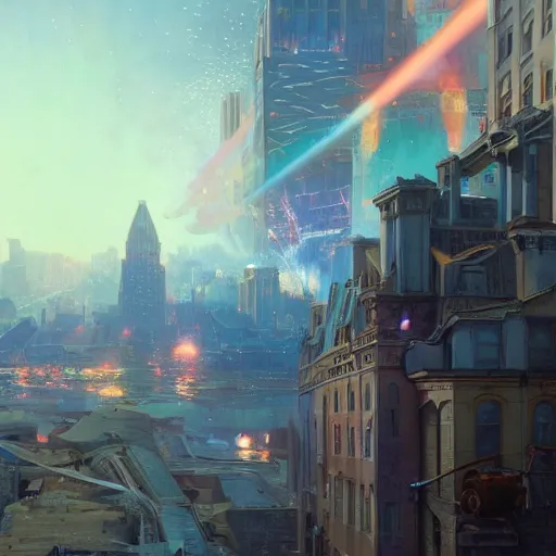 Image similar to louisiana chef justin wilson using eye lazers, destroying a cityscape, 8 k, highly detailed, digital painting, unreal engine tech demo, vivid colors, artstation, art by artgerm and greg rutkowski and alphonse mucha