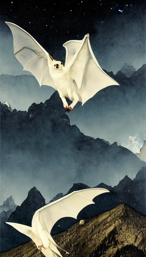 Image similar to a white bat, flying against a dark black night sky, mountain in the background, moonlight, denoised, very detailed, painted by, norman rockwell, tom bagshaw