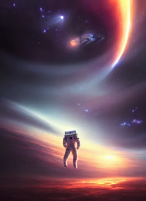 Prompt: astronaut cosmonaut discovery of new worlds of galaxies panorama, fantasy portal to far universe. astronaut space exploration, gateway to another universe, cinematic view, epic sky, detailed, concept art, low angle, high detail, warm lighting, volumetric, godrays, vivid, beautiful, trending on artstation, by jordan grimmer, huge scene, art greg rutkowski