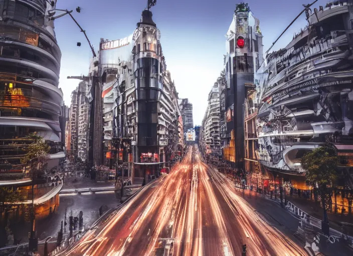 Image similar to Gran Vía from Madrid in the year 3000, futuristic city, award-winning photograph, 4k, HQ, artstation,