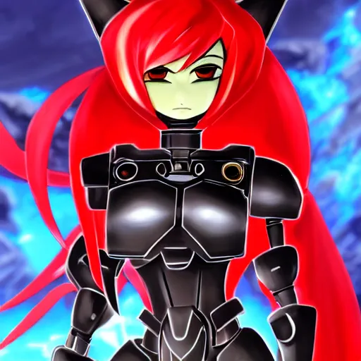 Image similar to highly detailed exquisite fanart, of Makuta Antroz from Bionicle, but as an anime girl with Golden Eyes and Red Hair, red metal armor, close-up shot, bat wings, epic cinematic shot, professional digital art, high end digital art, singular, realistic, captura, DeviantArt, artstation, Furaffinity, 8k HD render