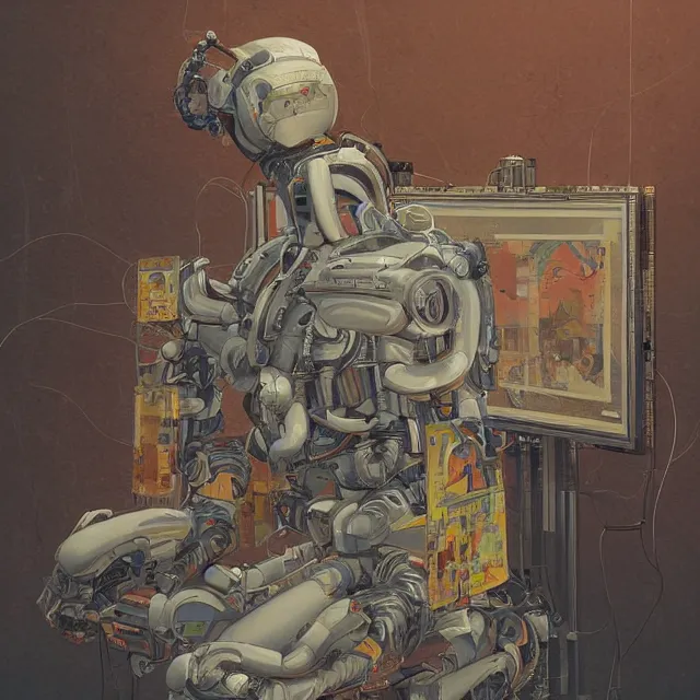 Image similar to robot artist painting a self - portrait on a canvas. intricate, highly detailed, digital matte painting, in the style of alexandros pyromallis, and in the style of sachin teng, and in the style of hans thoma, and in the style of siegfried reinhardt. irony, recursion, inspiration.