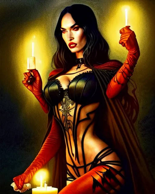 Image similar to megan fox witch queen, black eyes, blood, full body, intricate victorian dress, middle shot, cinematic lighting, studio quality, symmetrical eyes, artgerm, joshua middleton, rafael albuquerque, moody lighting, candles, art style by klimt, nixeu and ian sprigger and wlop and krenz cushart