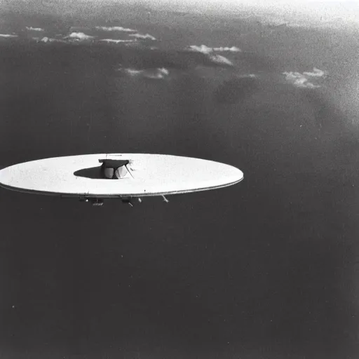 Image similar to a ufo seen on top of a mountain seen from an airplane, vintage photo, old, grainy, sepia