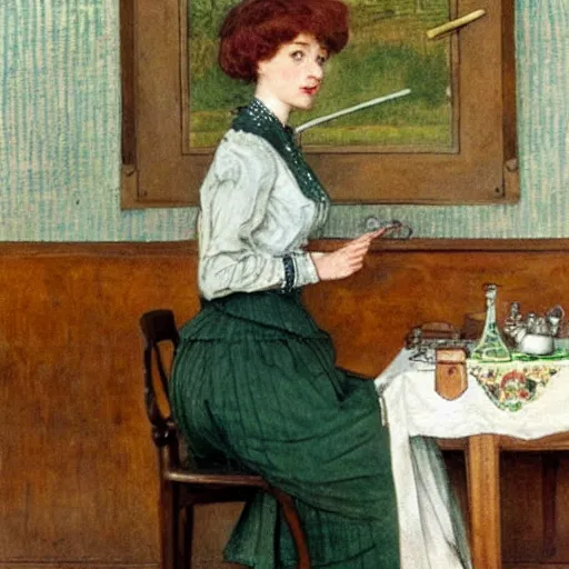 Image similar to a young edwardian woman wearing a green blouse and grey skirt sits by a chessboard at a table, in the style of carl larsson