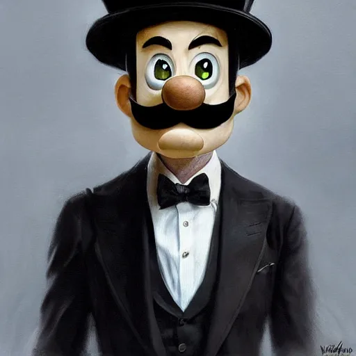 Prompt: hyper realistic dapper fancy luigi wearing a top hat, painted by greg rutkowski, wlop, artgerm