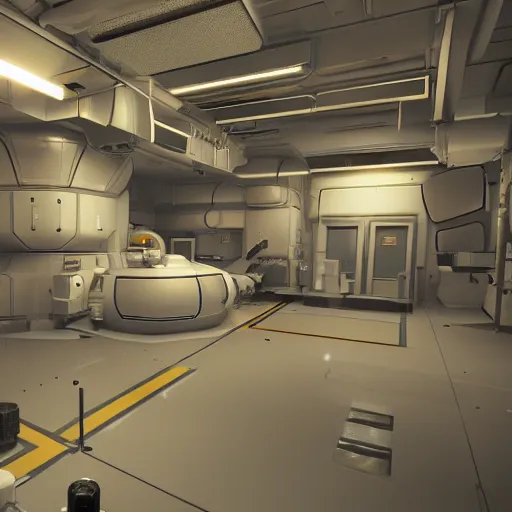 Prompt: space laboratory, cozy, simple, reflective surfaces, unreal engine 5 tech demo, unsplash