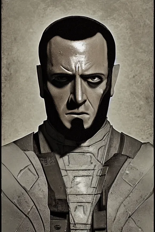 Image similar to destro from g. i. joe, portrait, full body, symmetrical features, silver iodide, 1 8 8 0 photograph, sepia tone, aged paper, sergio leone, master prime lenses, cinematic