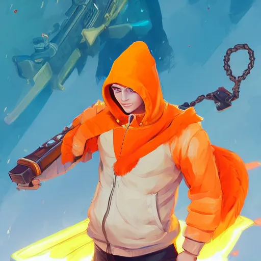 Image similar to Angel cherub ski mask orange hoodie, golden necklace, fantasy art apex fortnite Video game icon, 2d game art gta5 cover , official fanart behance hd artstation by Jesper Ejsing, by RHADS, Makoto Shinkai and Lois van baarle, ilya kuvshinov, rossdraws