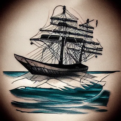 Image similar to A ship on a deserted island, realism tattoo design on white background