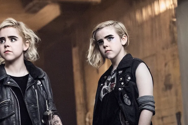 Prompt: promotional image of kiernan shipka as a punk in a new movie, detailed face, movie still frame, promotional image, imax 70 mm footage