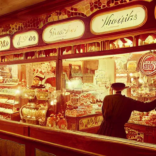 Prompt: Inside an old fashioned sweet shop, fantasy vendor interior, wide angle, cinematic, highly detailed, cinematic lighting , photo-realistic, 1900s