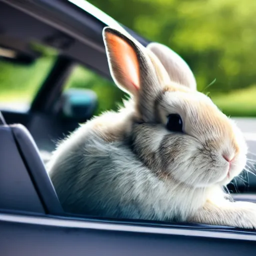 Image similar to a cute bunny driving a fully visible convertible, studio photo, high quality