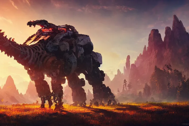 Image similar to tremortusk machine mecanical creature robot of horizon forbidden west horizon zero dawn radiating a glowing aura global illumination ray tracing hdr fanart arstation by ian pesty and alena aenami artworks in 4 k