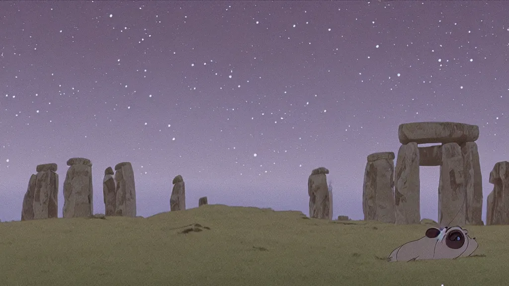 Image similar to a cell shaded cartoon movie still from princess mononoke ( 1 9 9 7 ) showing a chrome ufo over stonehenge. in the background is machu pichu on a misty and starry night. very dull muted colors, hd, 4 k, hq