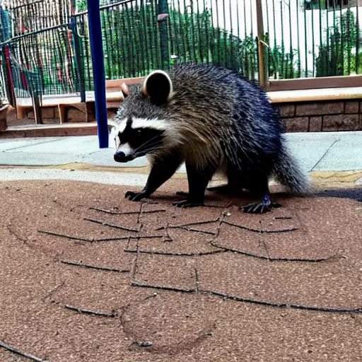 Prompt: angry raccoon vandalizing a children's playground