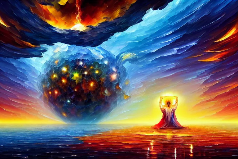 Image similar to a god giving birth to a new universe and then dissolving itself into it, in the style of wlop chad knight and leonid afremov, illustration, epic, fantasy, hyper detailed, smooth, unreal engine, sharp focus, ray tracing