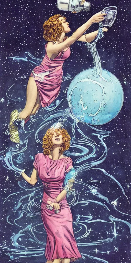 Image similar to a woman in a dress made of outer space pouring water from a vase into the milky way, by joe madura, by art adams.