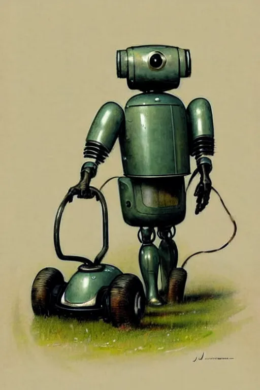 Image similar to ( ( ( ( ( 1 9 5 0 s retro future android robot lawnmower. muted colors., ) ) ) ) ) by jean - baptiste monge,!!!!!!!!!!!!!!!!!!!!!!!!!