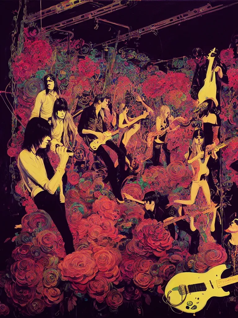 Image similar to the velvet underground and nico playing live on stage at a night club, beautiful stage decoration with flowers in the background, painting by james jean and syd mead and gaston bussiere, very detailed and colorful and toned down and ornamental and moody and cool and relaxed and high on drugs, trending on artstation, behance contest winner