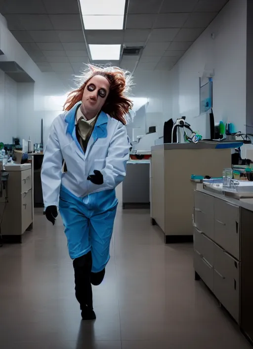 Prompt: a stock photo of a trashy female scientist running from a monster in a lab, wide shot, 2 4 mm lens, cinematic lighting, volumetric fog, iso 8 0 0, shallow depth of field, horror movie, award winning
