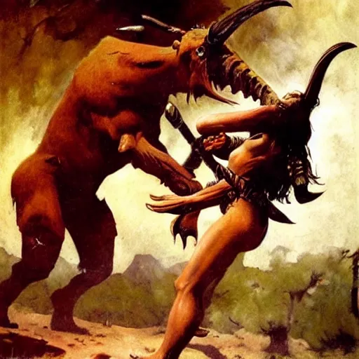 Image similar to a warrior fighting a mammoth to pretotect a girl, detailed oil painting by Frank Frazetta