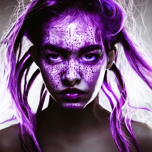 Image similar to detailed photo portrait of a furious teen girl with thin, hair-like purple tentacles on her head and bright purple eyes, 8k, trending on DeviantArt, face enhance,hyper detailed ,full of colour, dramatic lightning