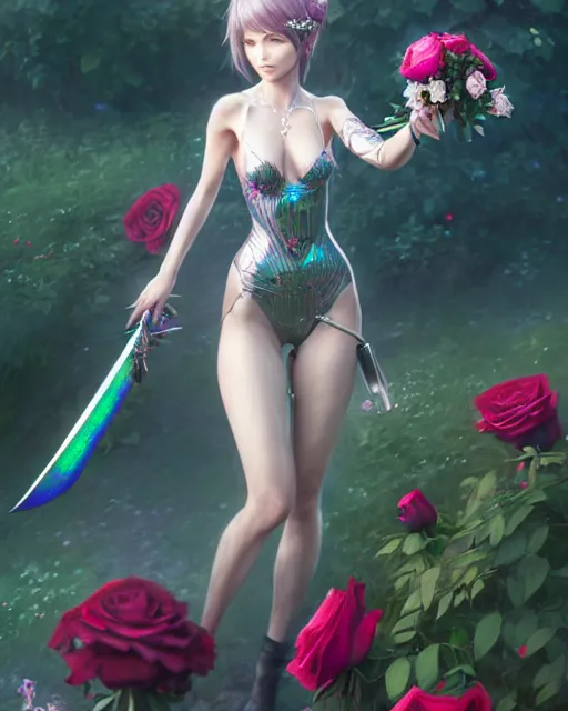 Image similar to an elegant lady in a full bodysuit surrounded by holographic swords in a garden full of roses, final fantasy, cushart krenz, cushart krenz, goddess, unreal engine, very detailed, realistic face, detailed face, matte, tonemapping, perfection, 4 k