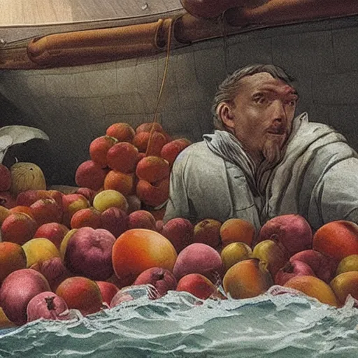 Prompt: Noah filling the ship with luxury fruits during the great flood