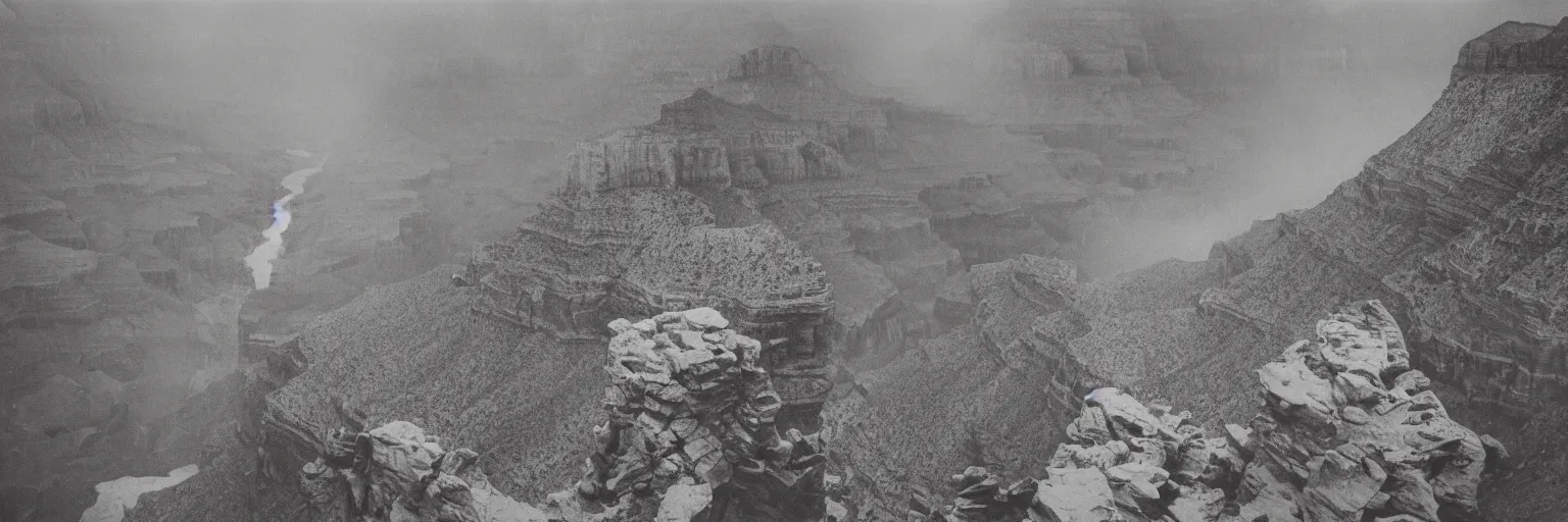 Image similar to the grand canyon made of concrete, looking down, foggy, megalophobia, old polaroid, expired film,